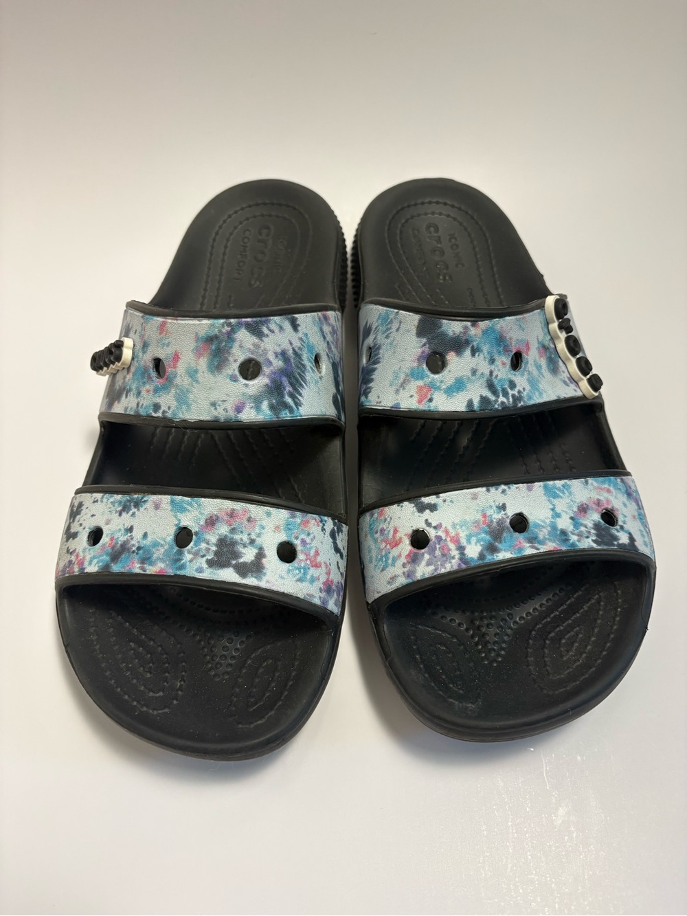 Crocs Black Slide Sandals with Blue Tie-Dye Straps